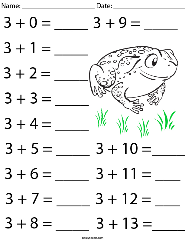 Addition Facts- Number 3 Math Worksheet - Twisty Noodle